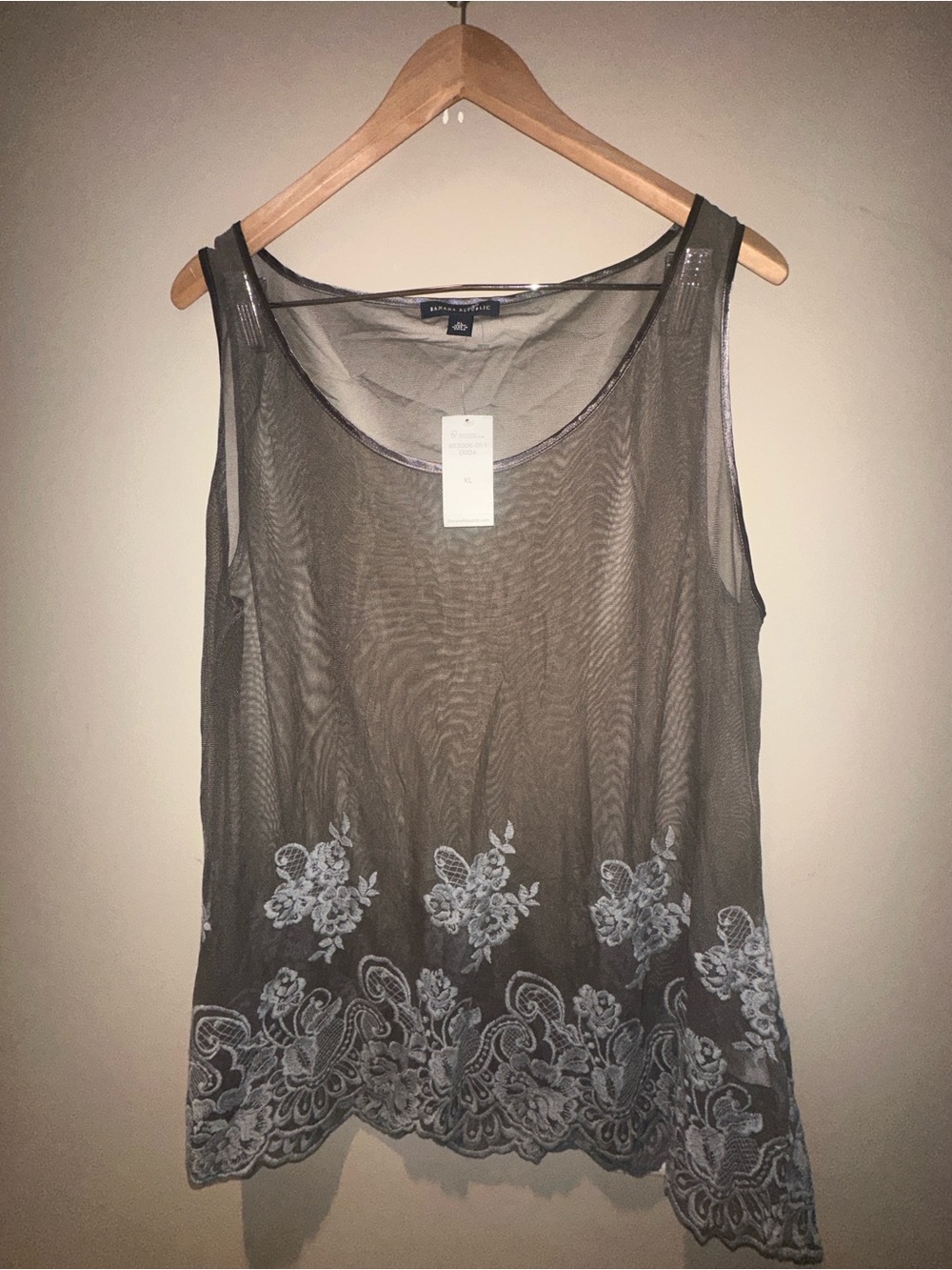 Banana Republic Sheer Embroidered Tank Top Gray XL NWT